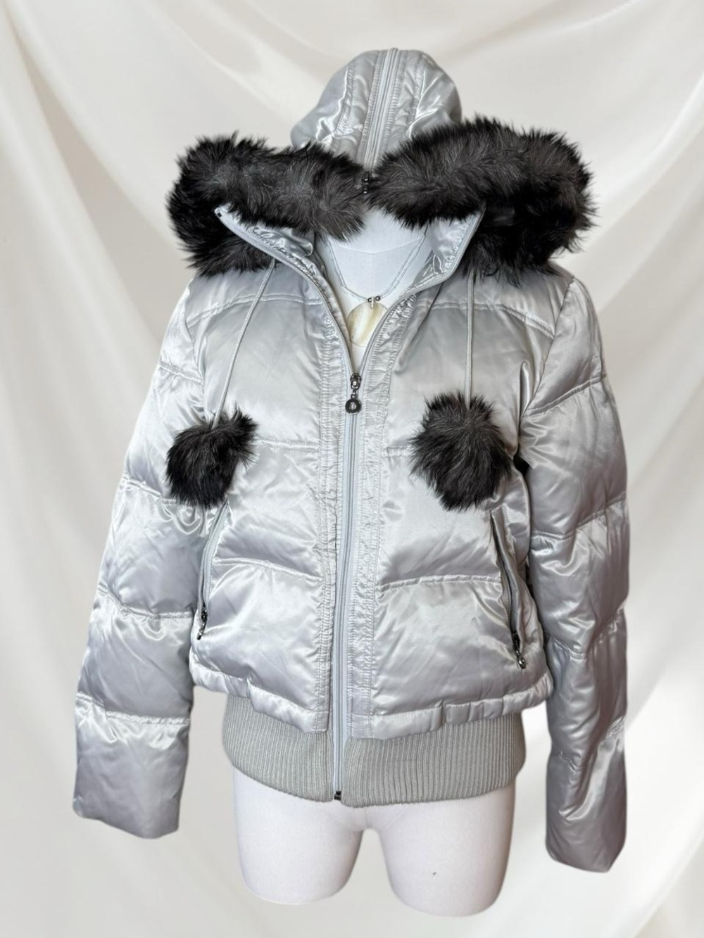 Silver Puff Jacket with Black Faux Fur Trim